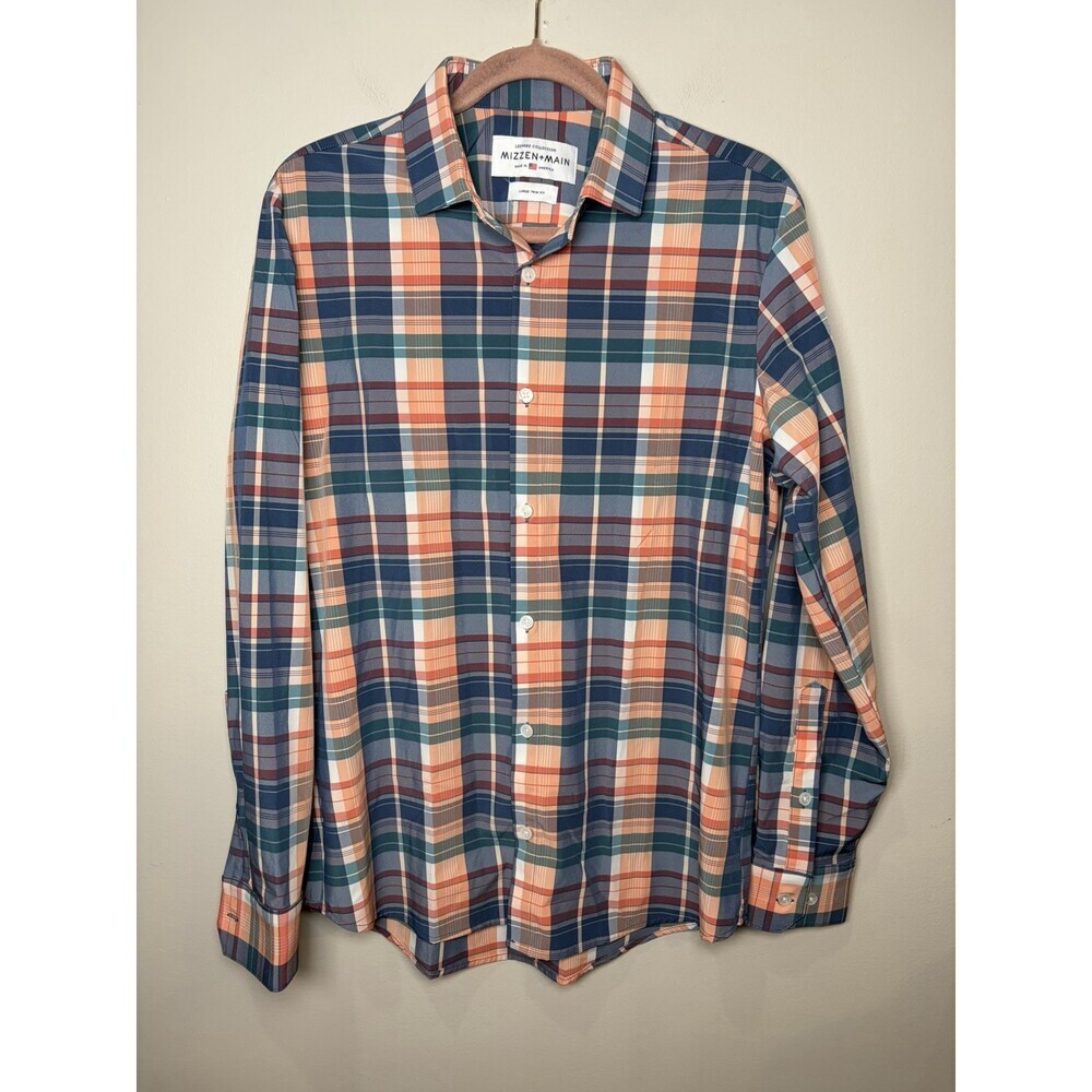 Mizzen Main Leeward Shirt Mens Size Large Trim Blue Peach Plaid Performance